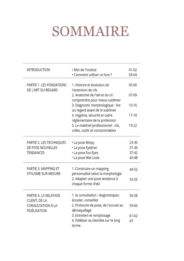 Sommaire de l'ebook Formation aux nouvelles tendances de cils